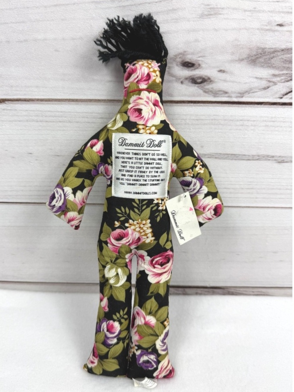 Dammit Doll Floral Stress Relief Plush - Black with Pink & Green Roses NWT